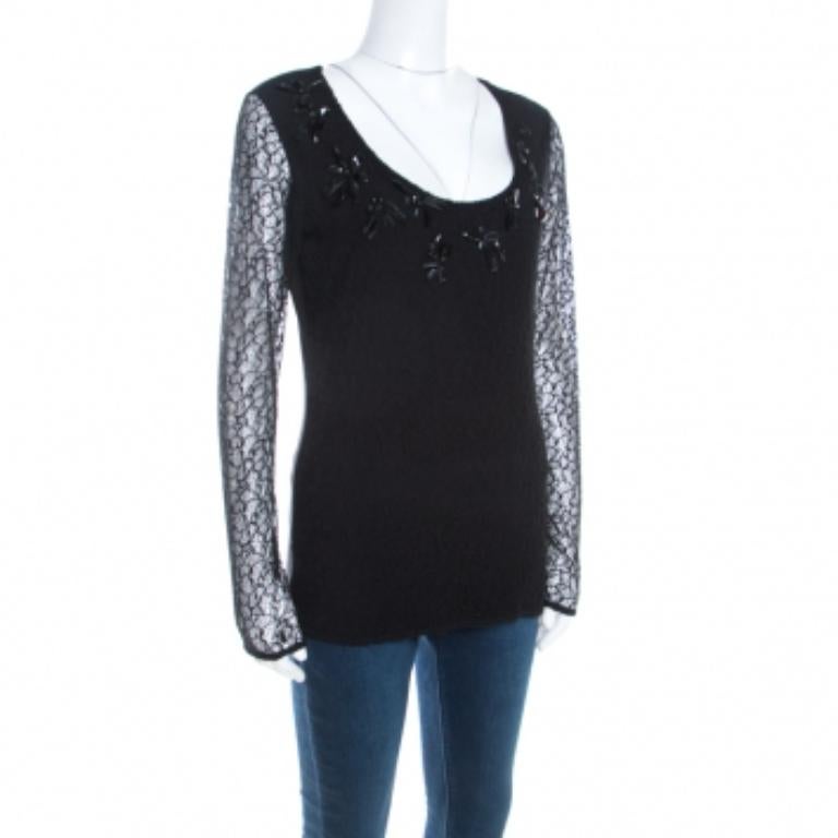 Escada Black Lace Overlay Jersey Crystal Embellished Scoop Neck Erbrou Top S 2