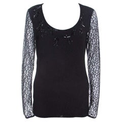 Escada Black Lace Overlay Jersey Crystal Embellished Scoop Neck Erbrou Top S