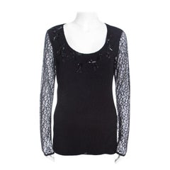 Escada Black Lace Overlay Jersey Crystal Embellished Scoop Neck Erbrou Top XL