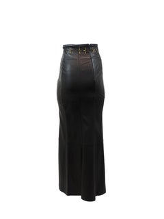 Escada Black Leather Maxi Skirt With Gold Embroidery On Waist
