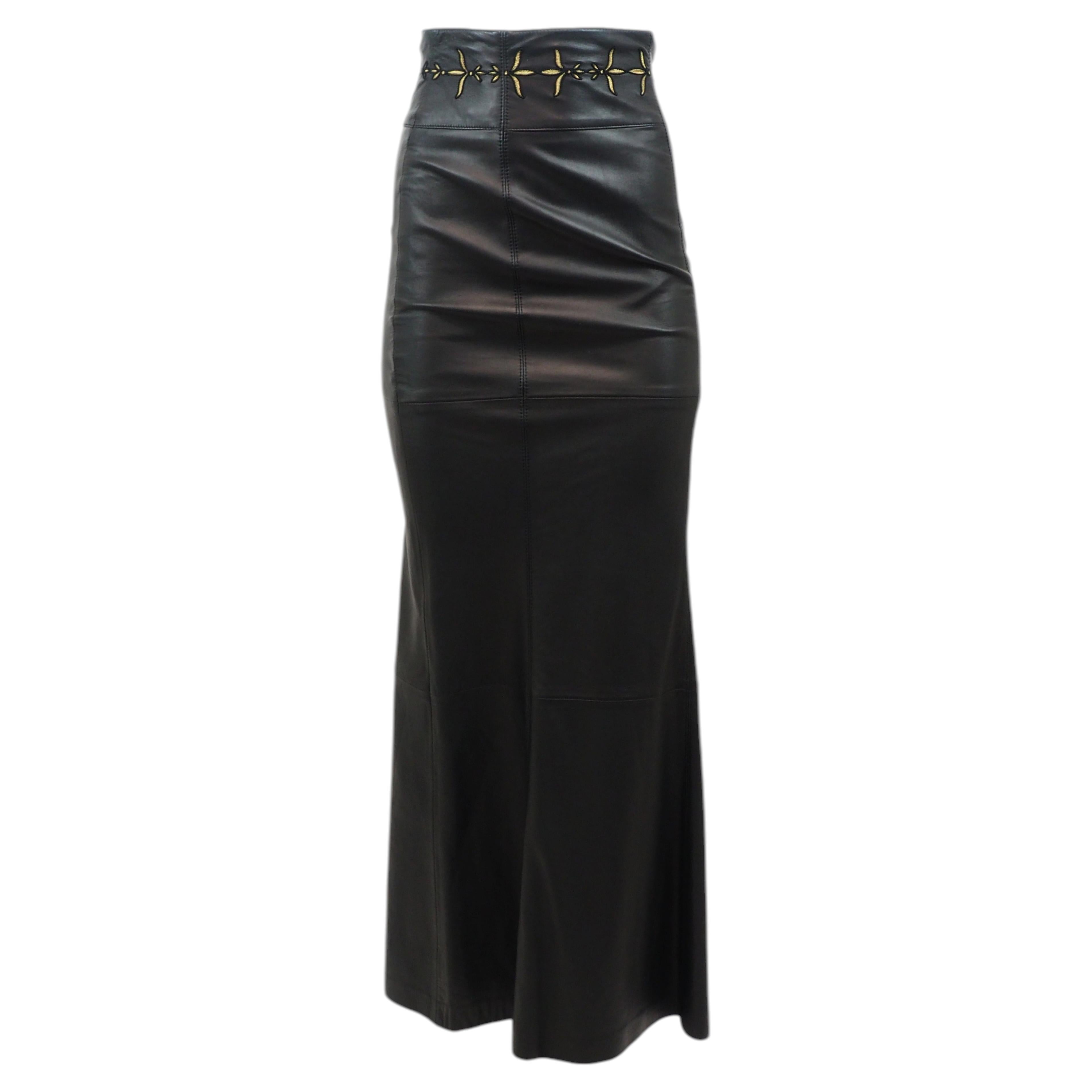 Escada Black Leather Maxi Skirt With Gold Embroidery On Waist