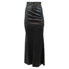 Escada Black Leather Maxi Skirt With Gold Embroidery On Waist