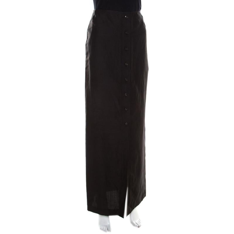 Escada Black Linen Silk Button Front Maxi Skirt M In New Condition In Dubai, Al Qouz 2