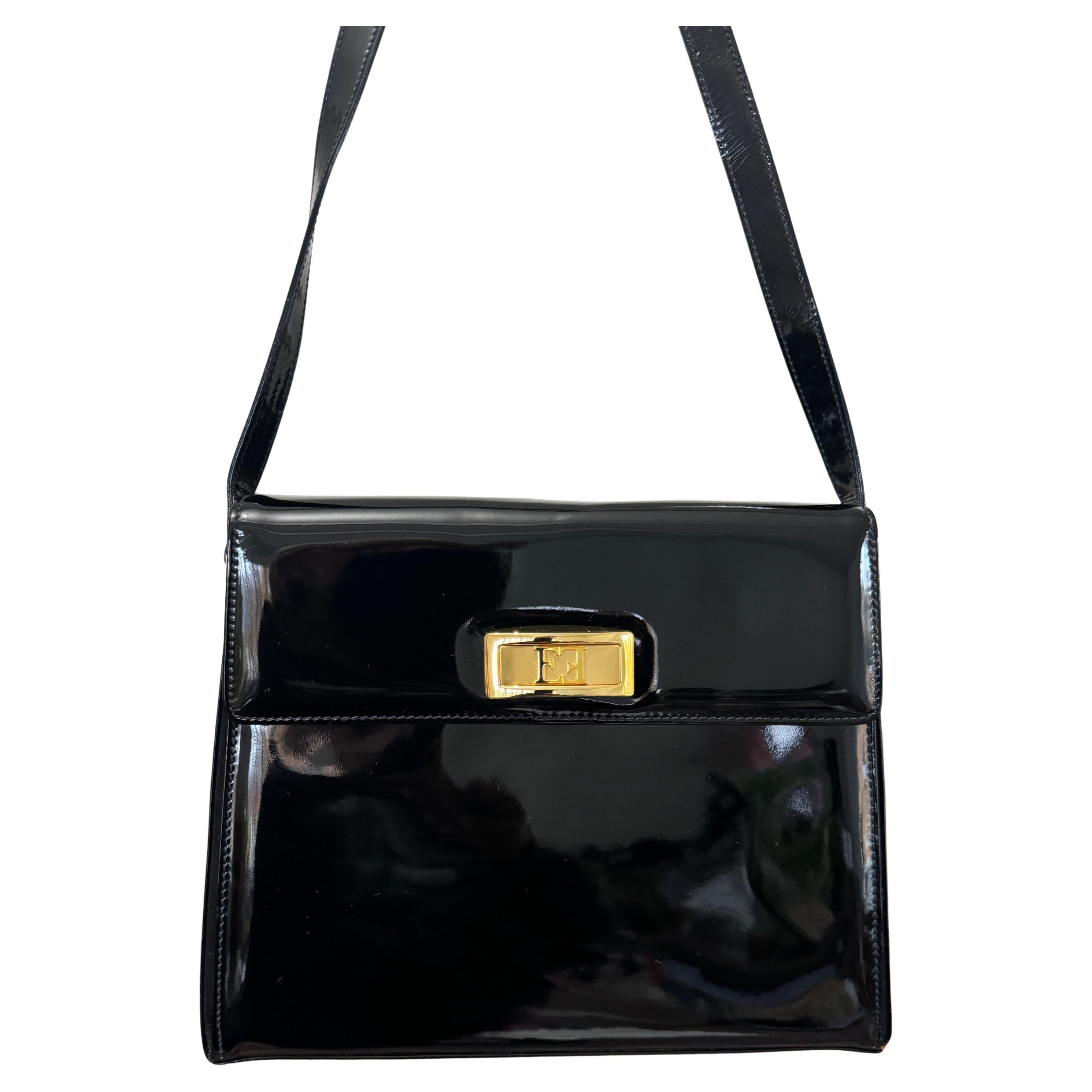 Escada Borsa a mano Kelly in pelle verniciata nera mai usata - con cartellino anni '90