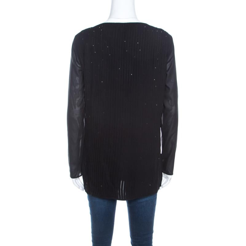 Escada Black Pintucked Pleat Silk Crystal Embellished Long Sleeve Blouse M In New Condition In Dubai, Al Qouz 2