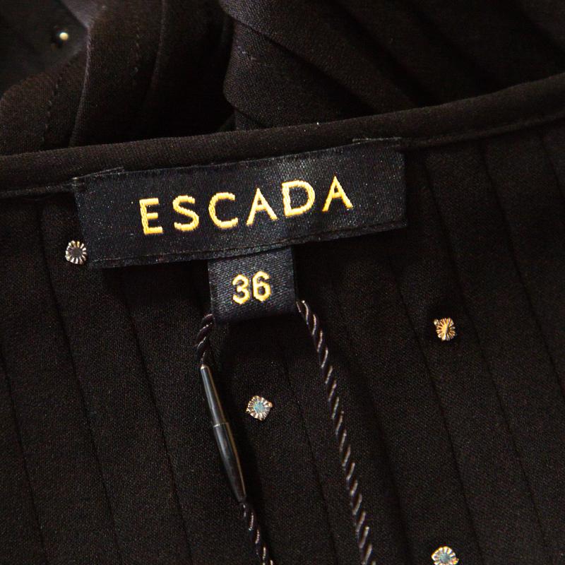 Escada Black Pintucked Pleat Silk Crystal Embellished Long Sleeve Blouse M 2