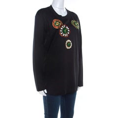 Escada Black Rib Knit Cotton Embellished Clock Applique Long Sleeve Top L
