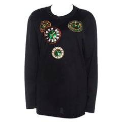Escada Black Rib Knit Cotton Embellished Clock Applique Long Sleeve Top L