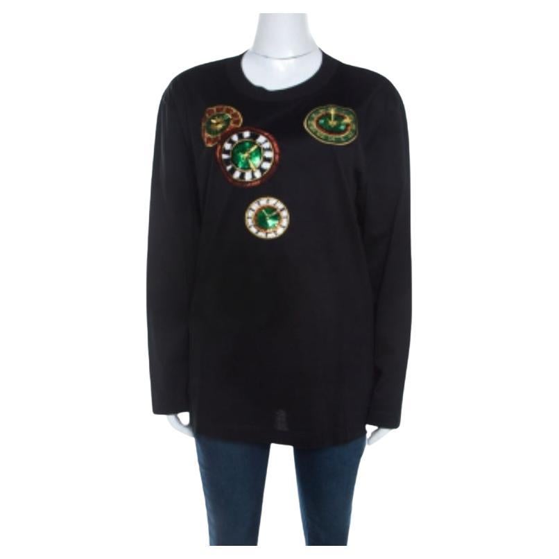 Escada Top a manica lunga in cotone a costine nero con orologio applicato L.L.A.