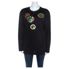 Escada Negro Punto de canalé Algodón Adornado Reloj Aplique Top de manga larga L