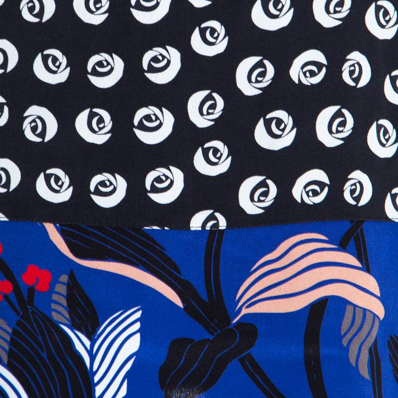 Escada Black Rose Motif Print Silk Contrast Panel Narayanin Tunic Blouse M 1