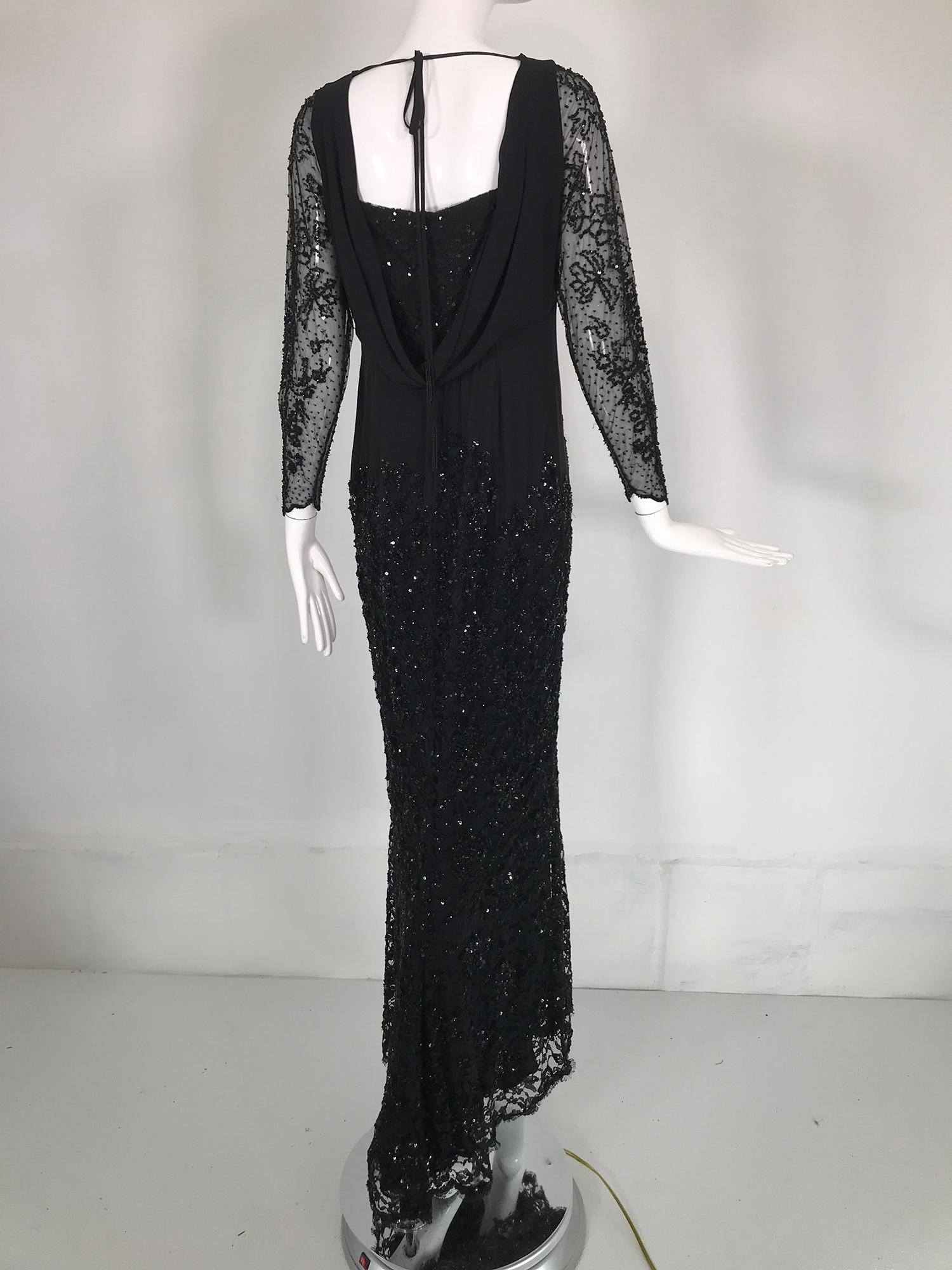Escada Black Silk Lace & sequin Long Sleeve Gown with Short Train   For Sale 6