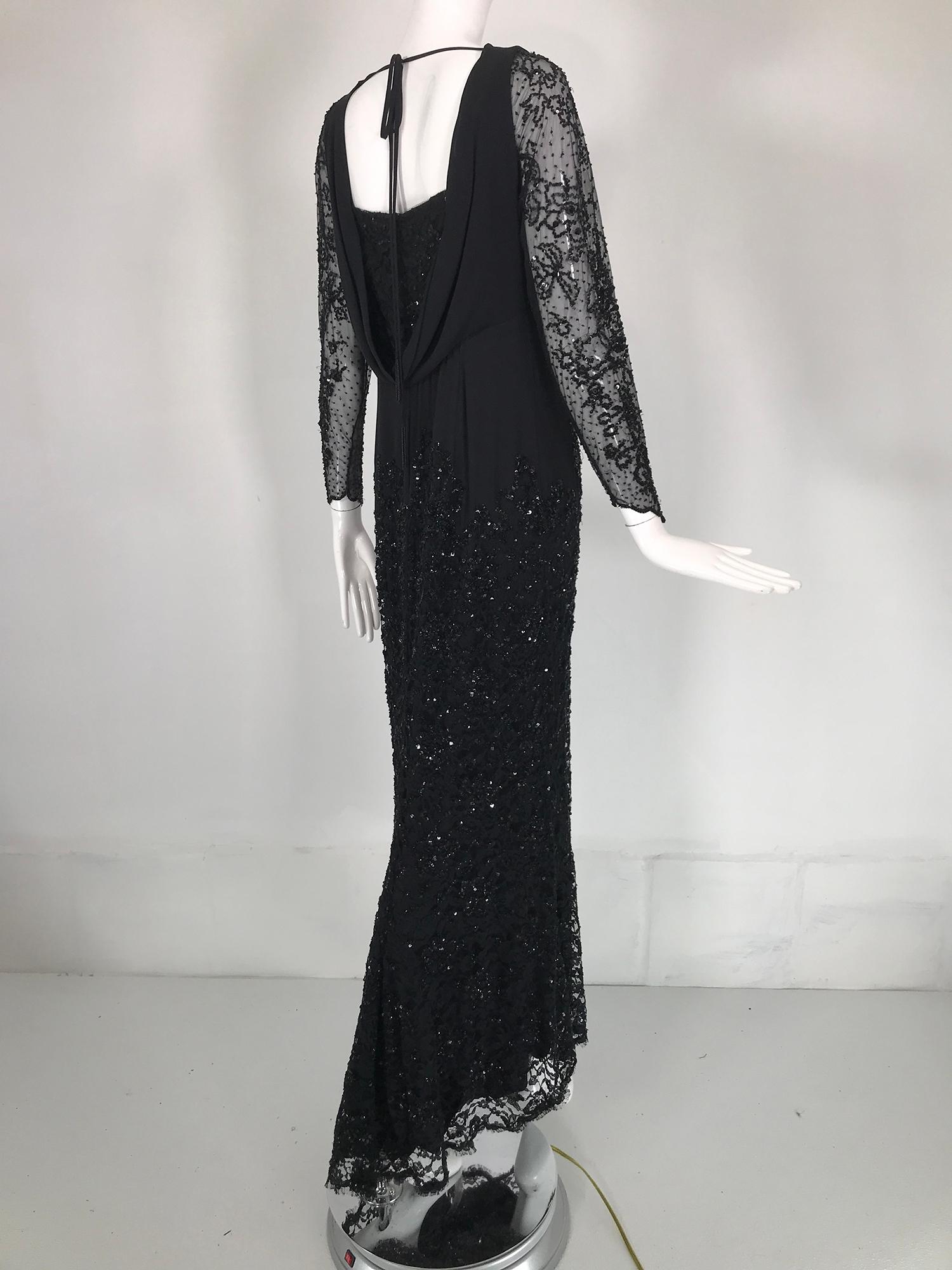 Escada Black Silk Lace & sequin Long Sleeve Gown with Short Train   For Sale 7