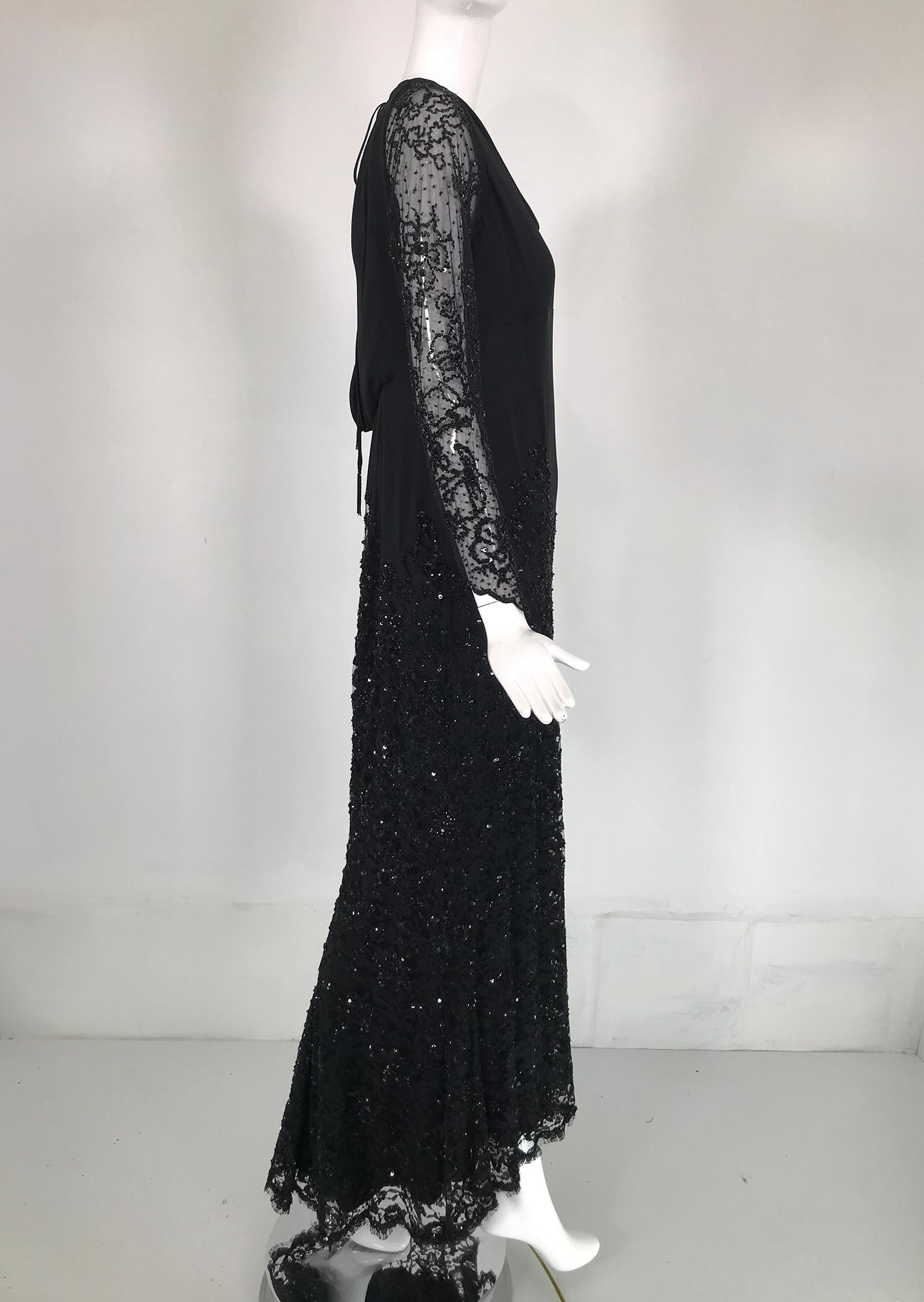 Escada Black Silk Lace & sequin Long Sleeve Gown with Short Train   For Sale 8