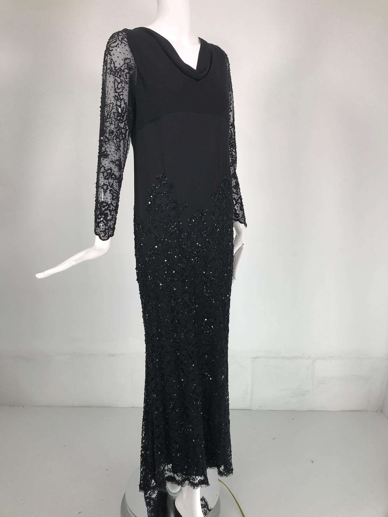 Escada Black Silk Lace & sequin Long Sleeve Gown with Short Train   For Sale 9