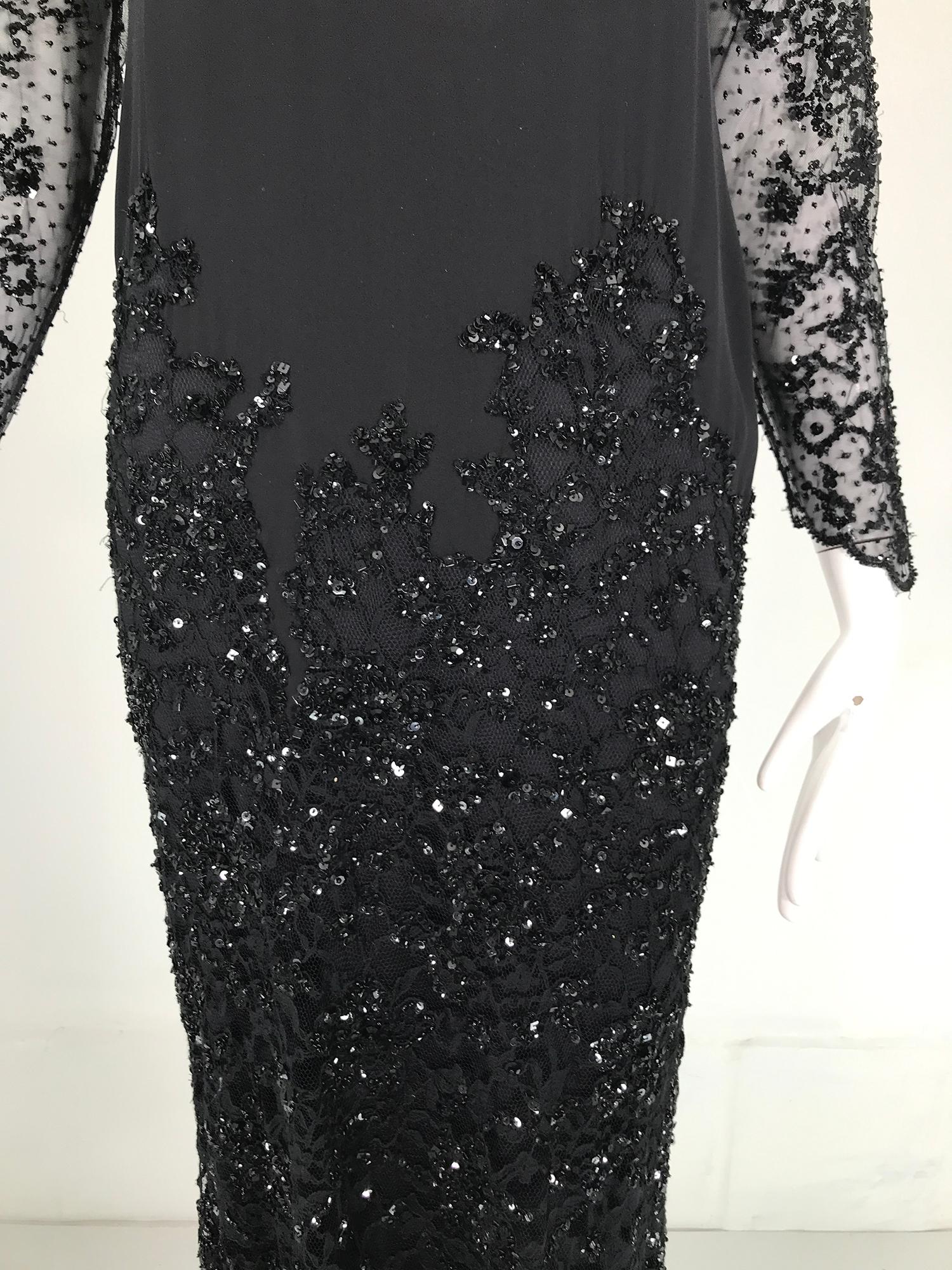 Escada Black Silk Lace & sequin Long Sleeve Gown with Short Train   For Sale 11