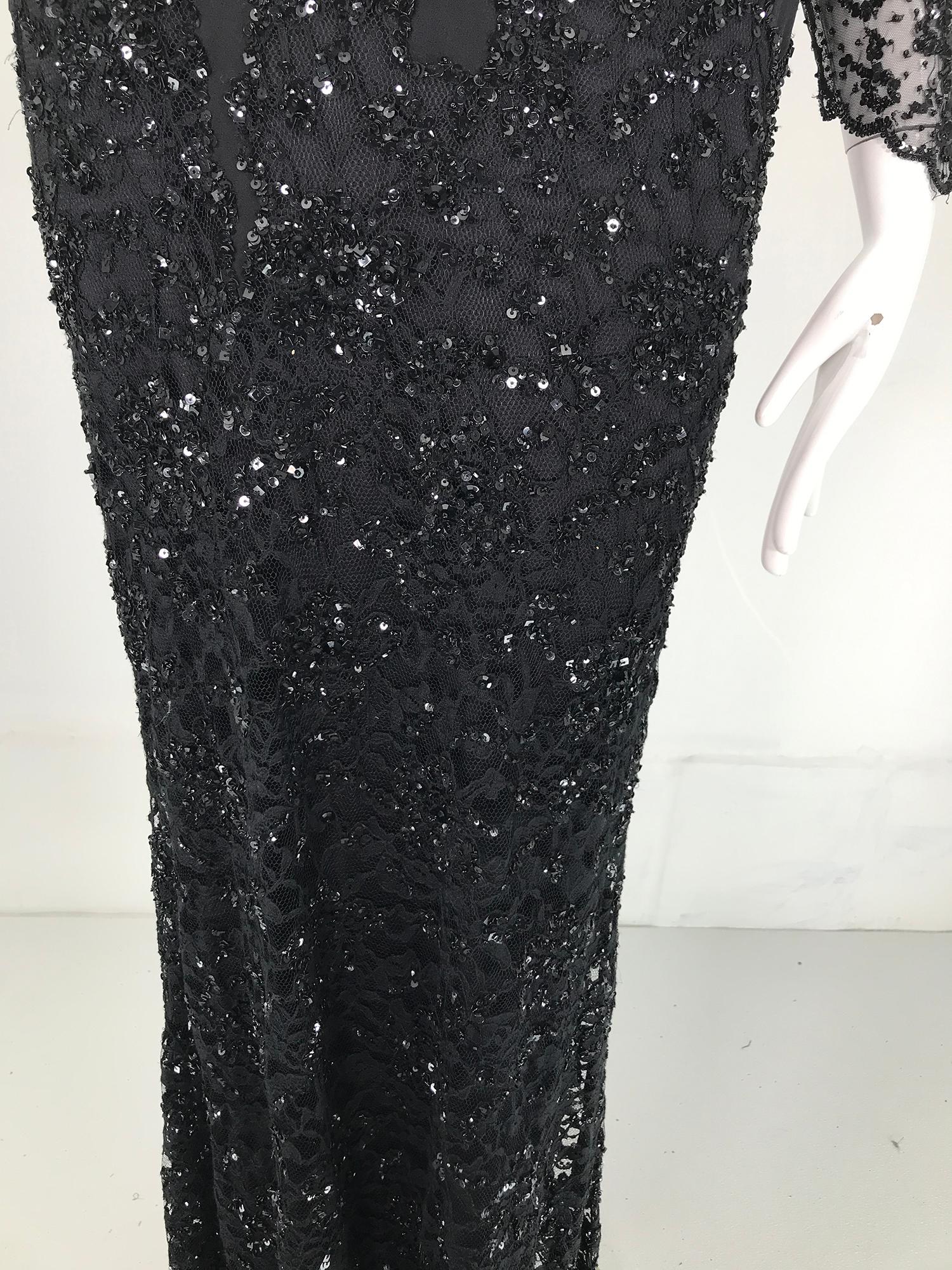 Escada Black Silk Lace & sequin Long Sleeve Gown with Short Train   For Sale 12
