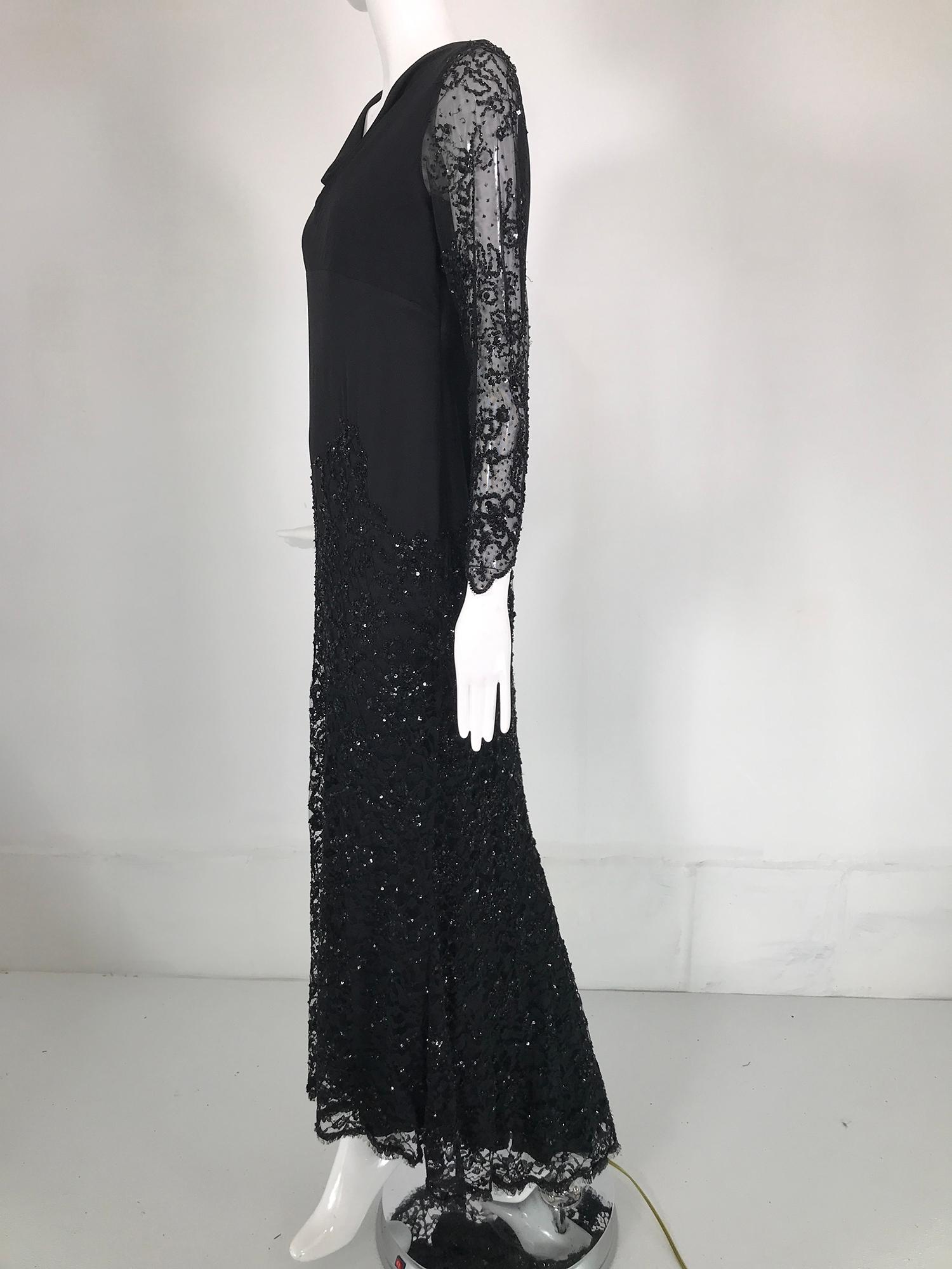 Escada Black Silk Lace & sequin Long Sleeve Gown with Short Train   In Good Condition For Sale In West Palm Beach, FL