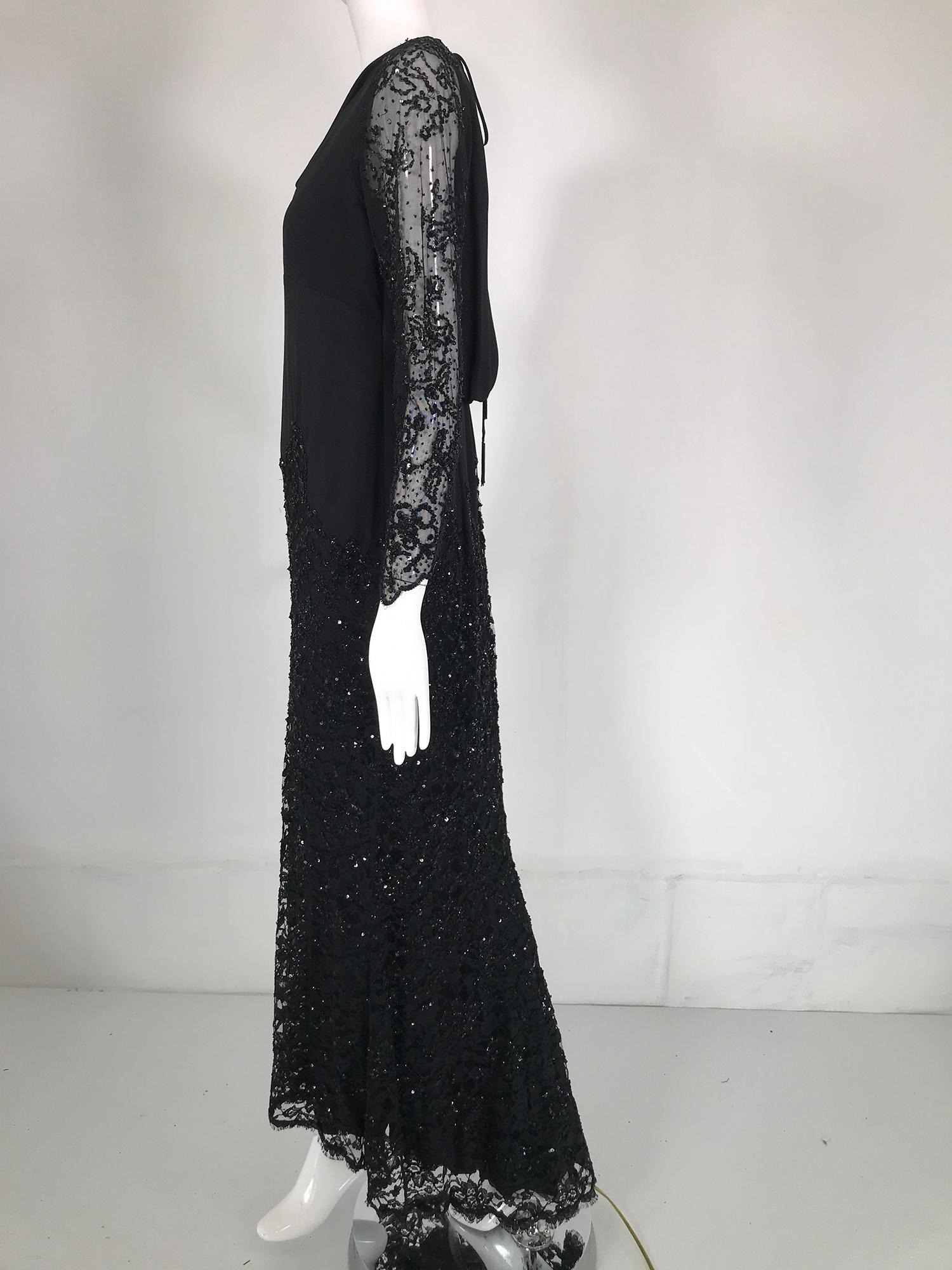 Women's Escada Black Silk Lace & sequin Long Sleeve Gown with Short Train   For Sale