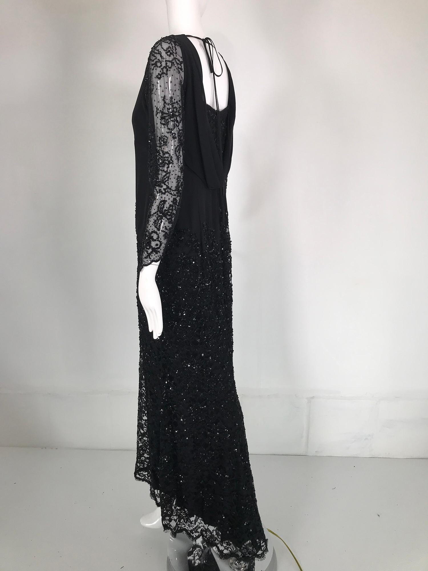 Escada Black Silk Lace & sequin Long Sleeve Gown with Short Train   For Sale 1