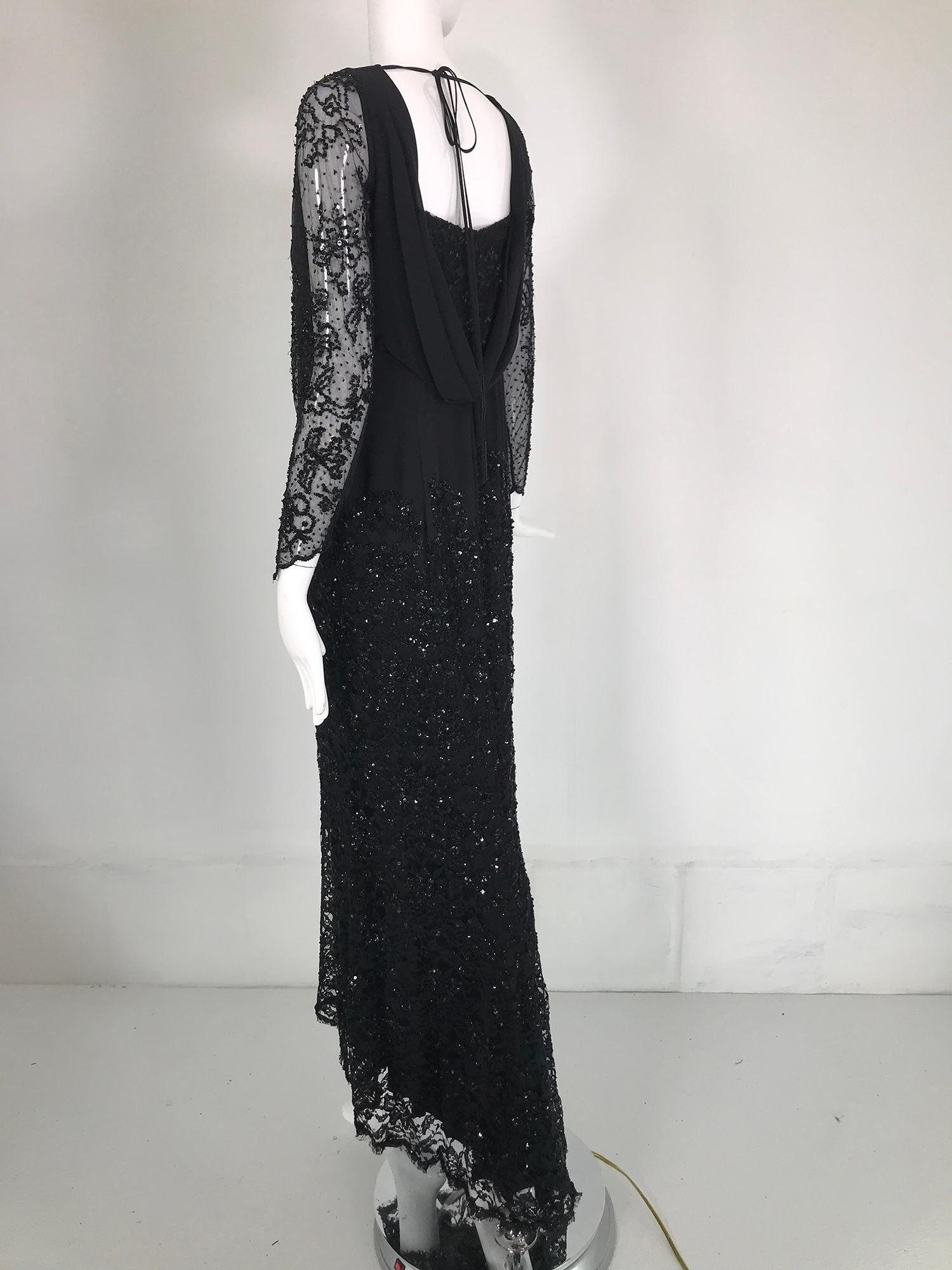 Escada Black Silk Lace & sequin Long Sleeve Gown with Short Train   For Sale 2