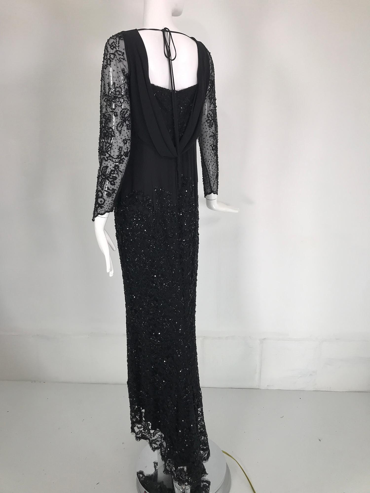 Escada Black Silk Lace & sequin Long Sleeve Gown with Short Train   For Sale 3