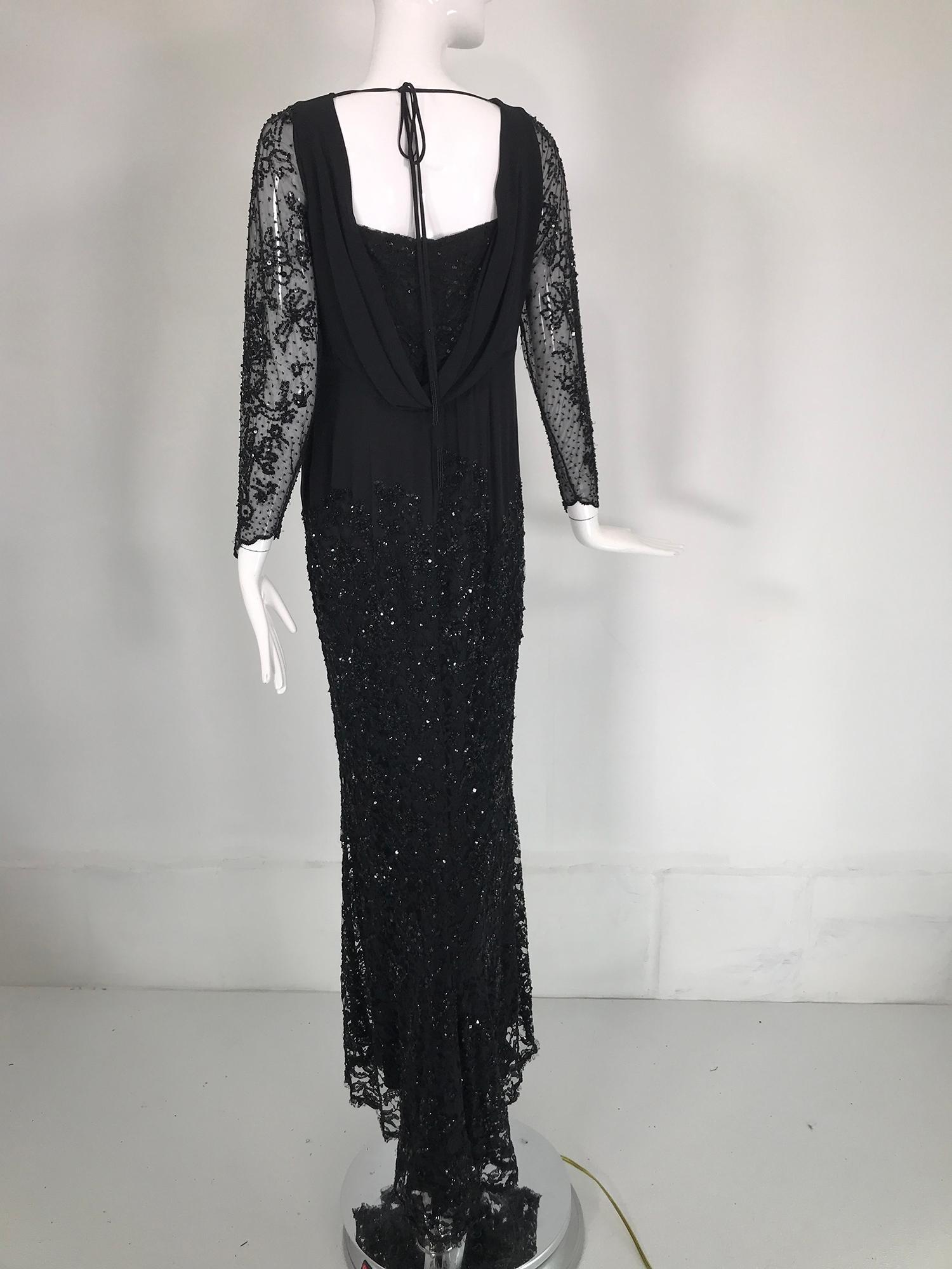 Escada Black Silk Lace & sequin Long Sleeve Gown with Short Train   For Sale 4