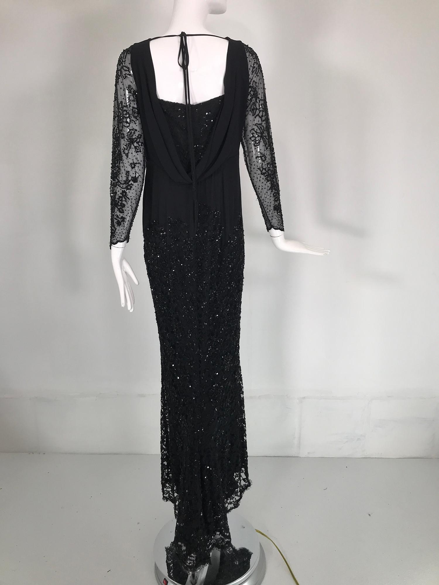 Escada Black Silk Lace & sequin Long Sleeve Gown with Short Train   For Sale 5
