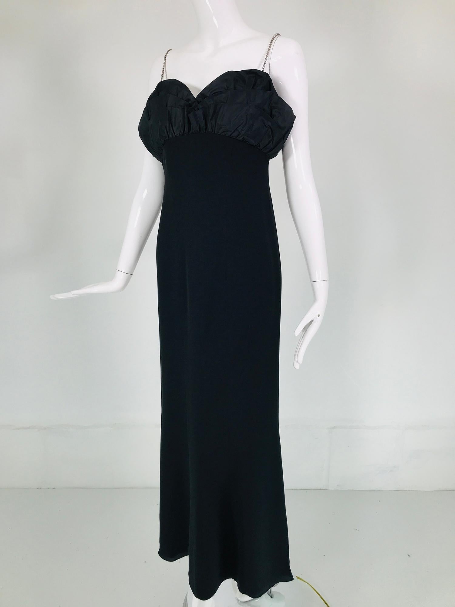Escada - Robe de soirée en soie noire à bretelles avec strass et corsage à volants  en vente 7