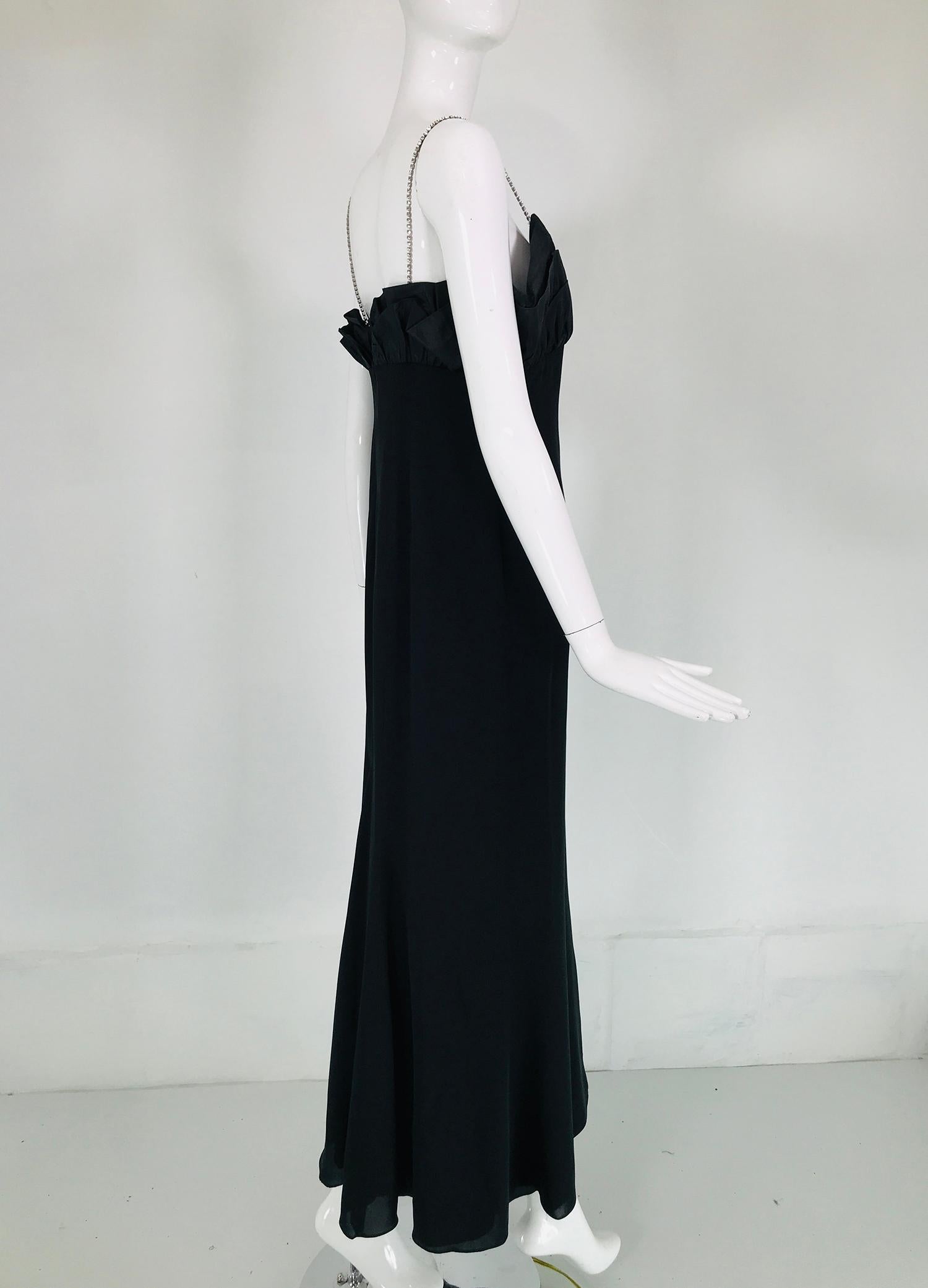 Escada Black Silk Rhinestone Strap Evening Dress with Ruffle Bodice For Sale 1
