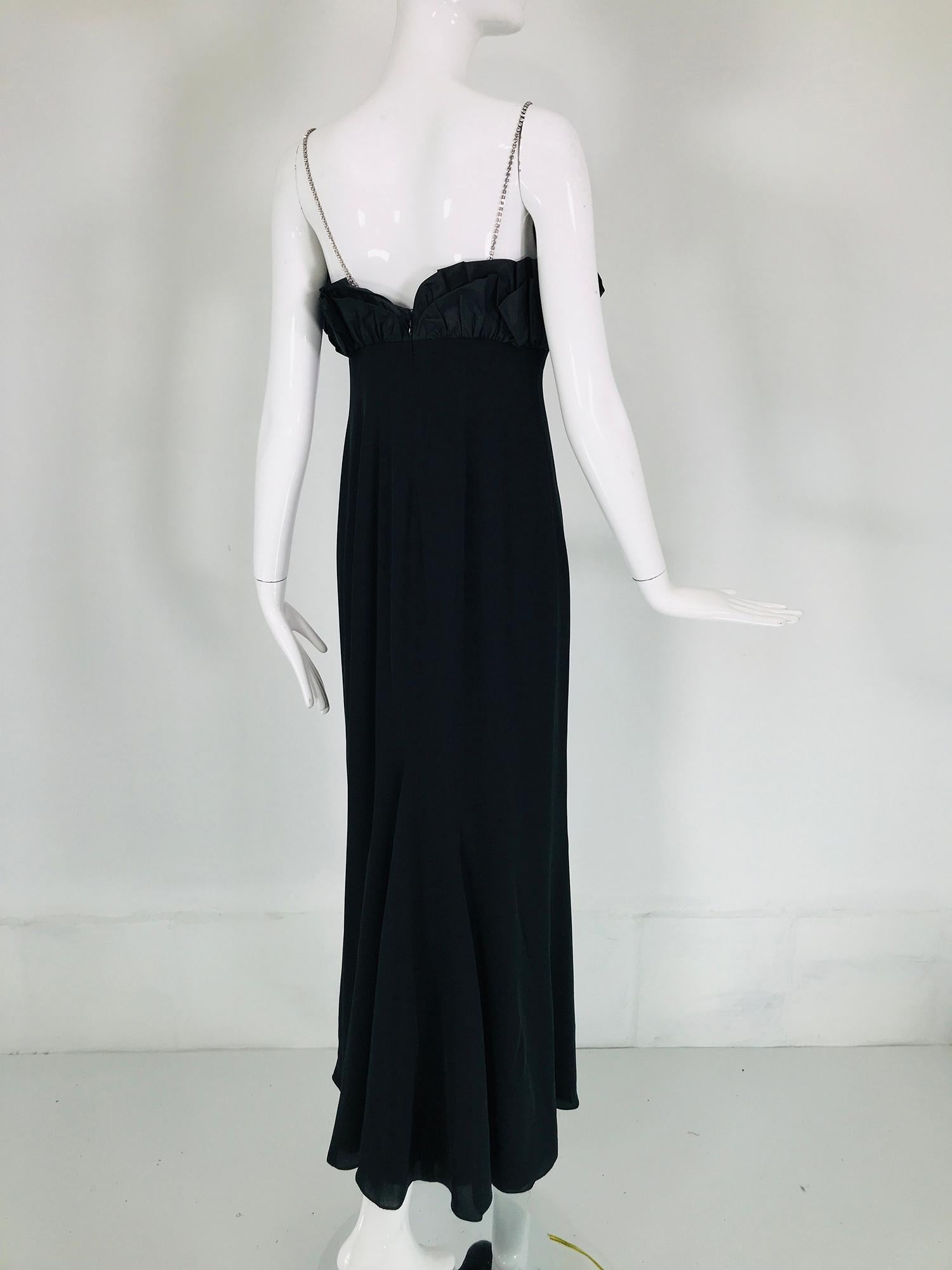 Escada Black Silk Rhinestone Strap Evening Dress with Ruffle Bodice  For Sale 2