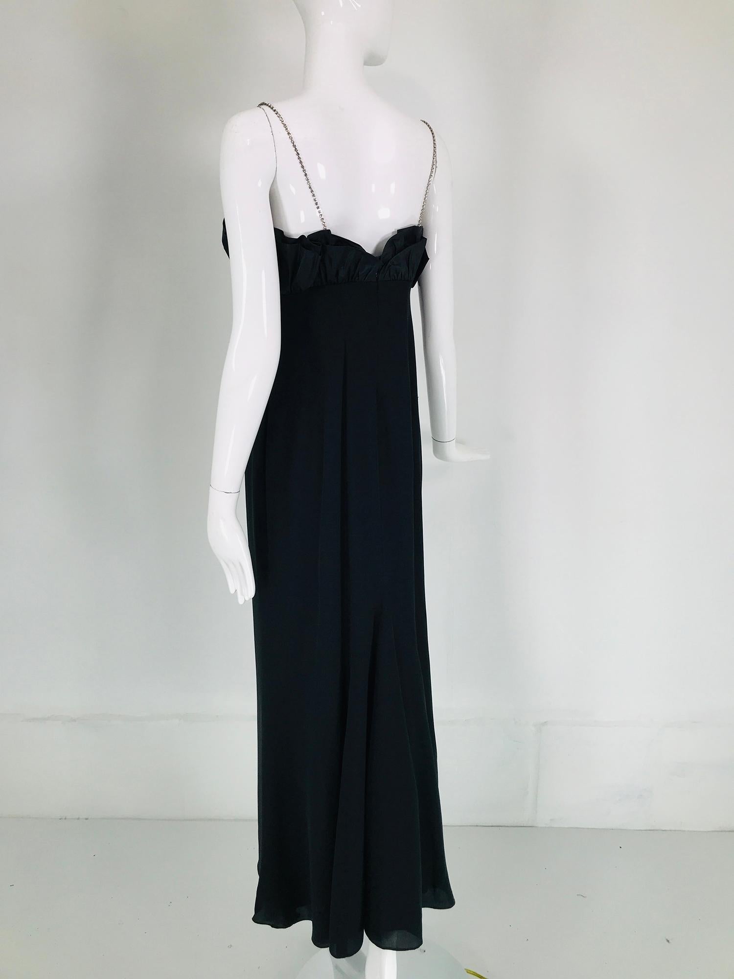 Escada Black Silk Rhinestone Strap Evening Dress with Ruffle Bodice  For Sale 4