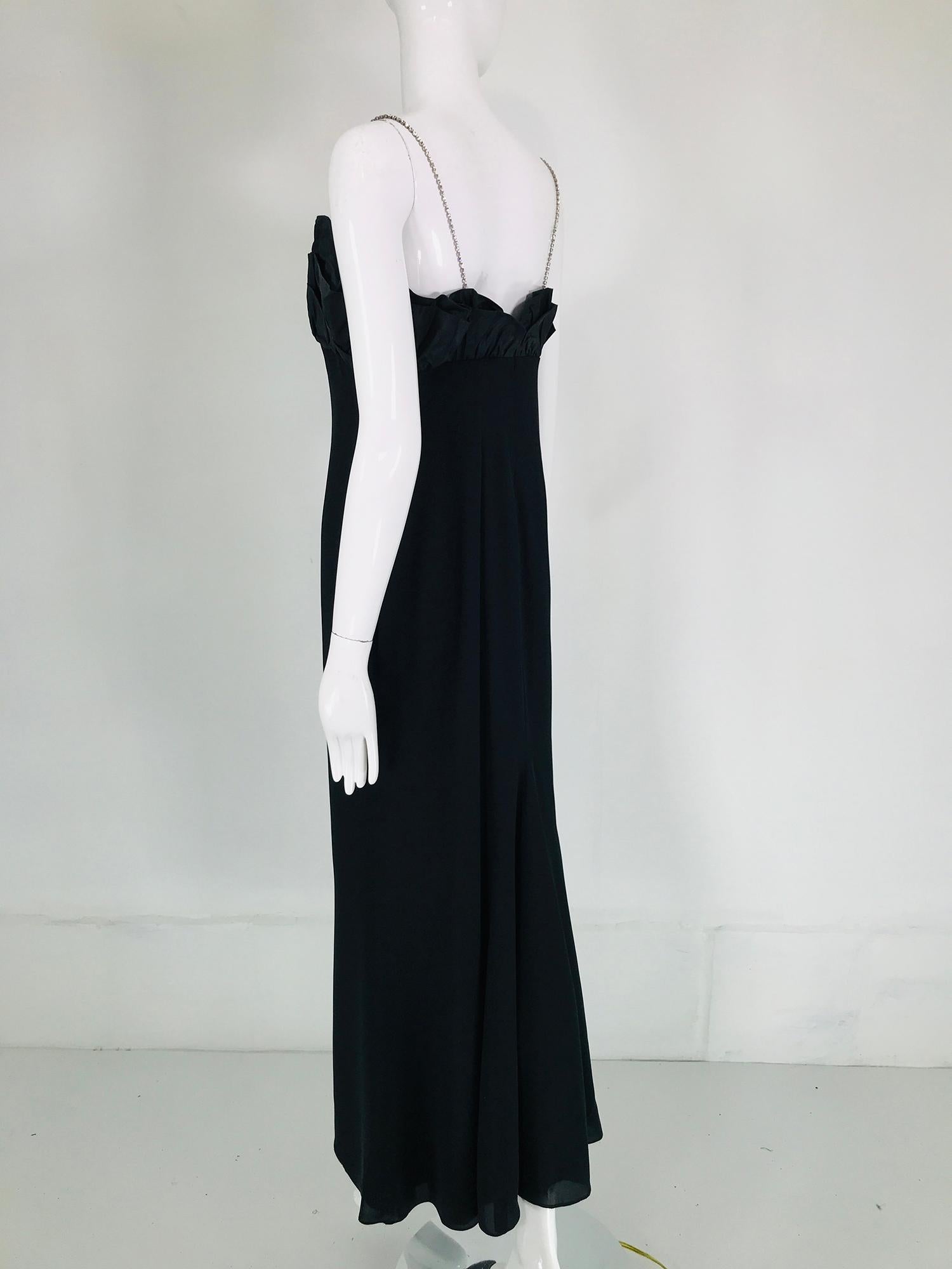 Escada Black Silk Rhinestone Strap Evening Dress with Ruffle Bodice  For Sale 5