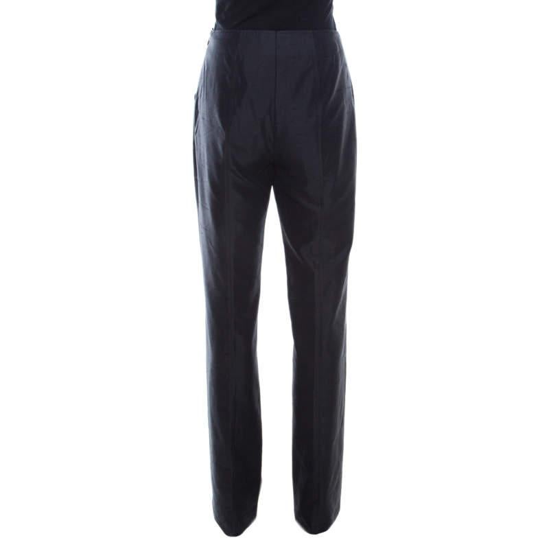 Escada Black Slub Cotton and Silk High Waist Straight Leg Pants M In Good Condition For Sale In Dubai, Al Qouz 2