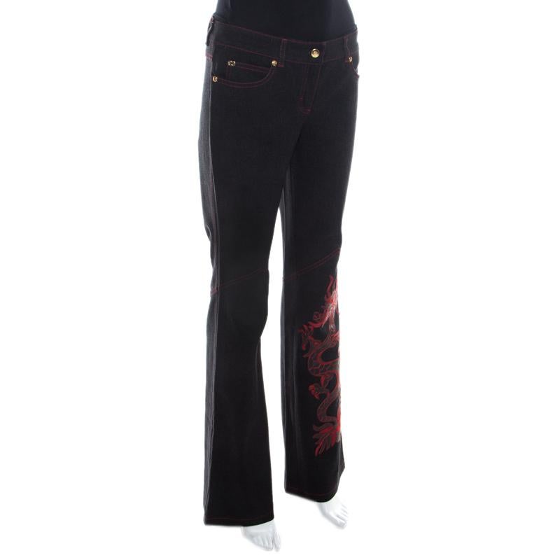 Escada Black Stretch Denim Dragon Embroidered Flared Jeans M In Excellent Condition In Dubai, Al Qouz 2
