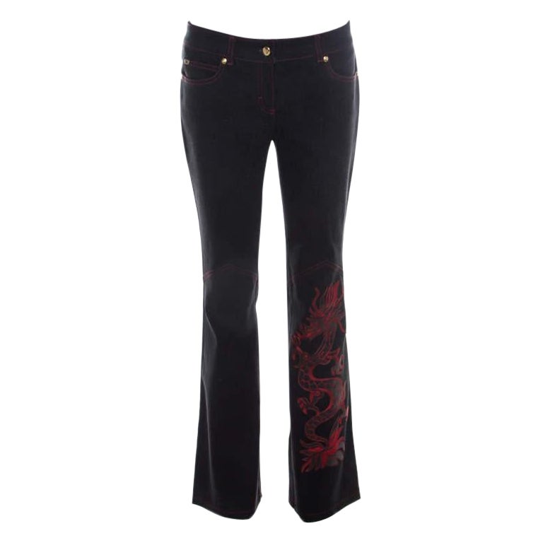 Escada Black Stretch Denim Dragon Embroidered Flared Jeans M