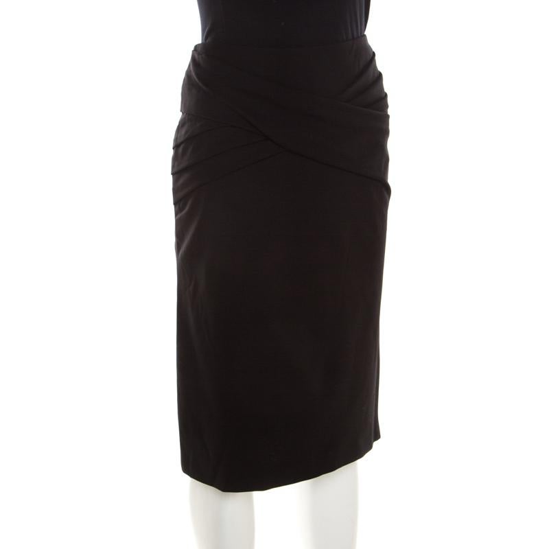 Escada Black Stretch Knit Draped Pleat Front Runia Pencil Skirt XL In Good Condition In Dubai, Al Qouz 2