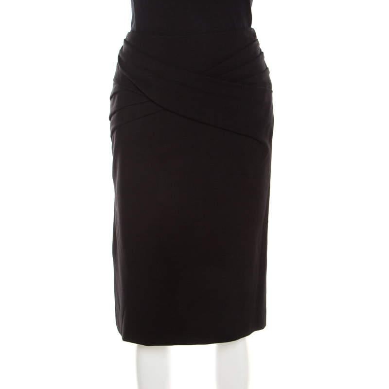 Escada Black Stretch Knit Draped Pleat Front Runia Pencil Skirt XL In Good Condition For Sale In Dubai, Al Qouz 2
