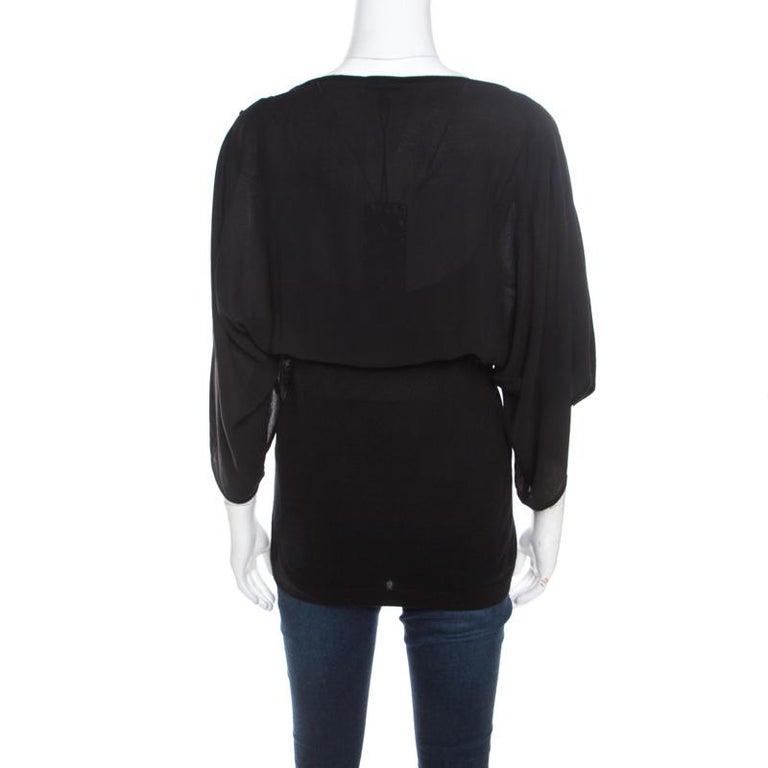 Escada Black Stretch Knit Embellished Waterfall Sleeve Top M For Sale ...