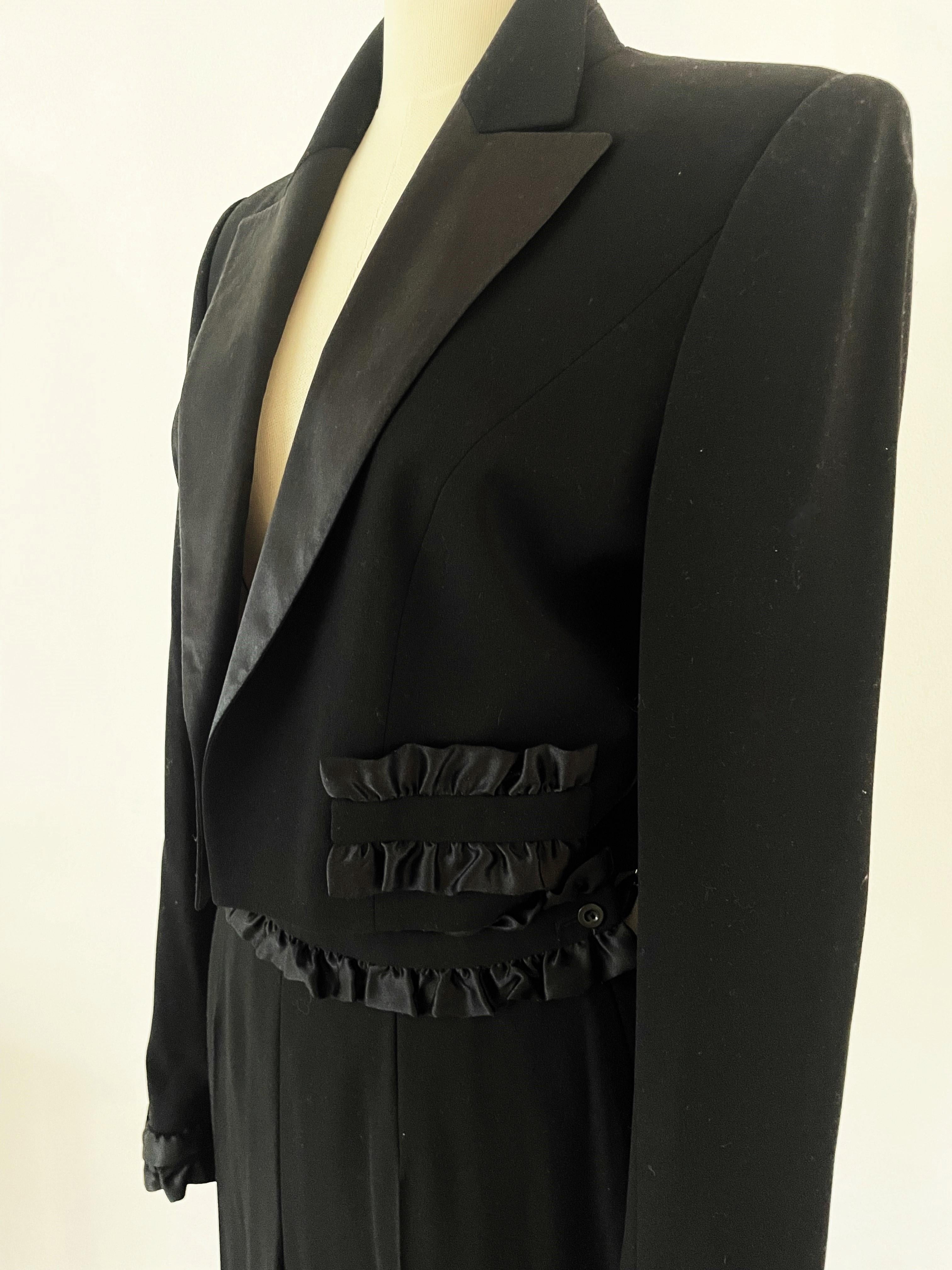 Women's or Men's Escada Black Suit Blazer Trousers Wool Silk Ruffles Pink Lining For Sale