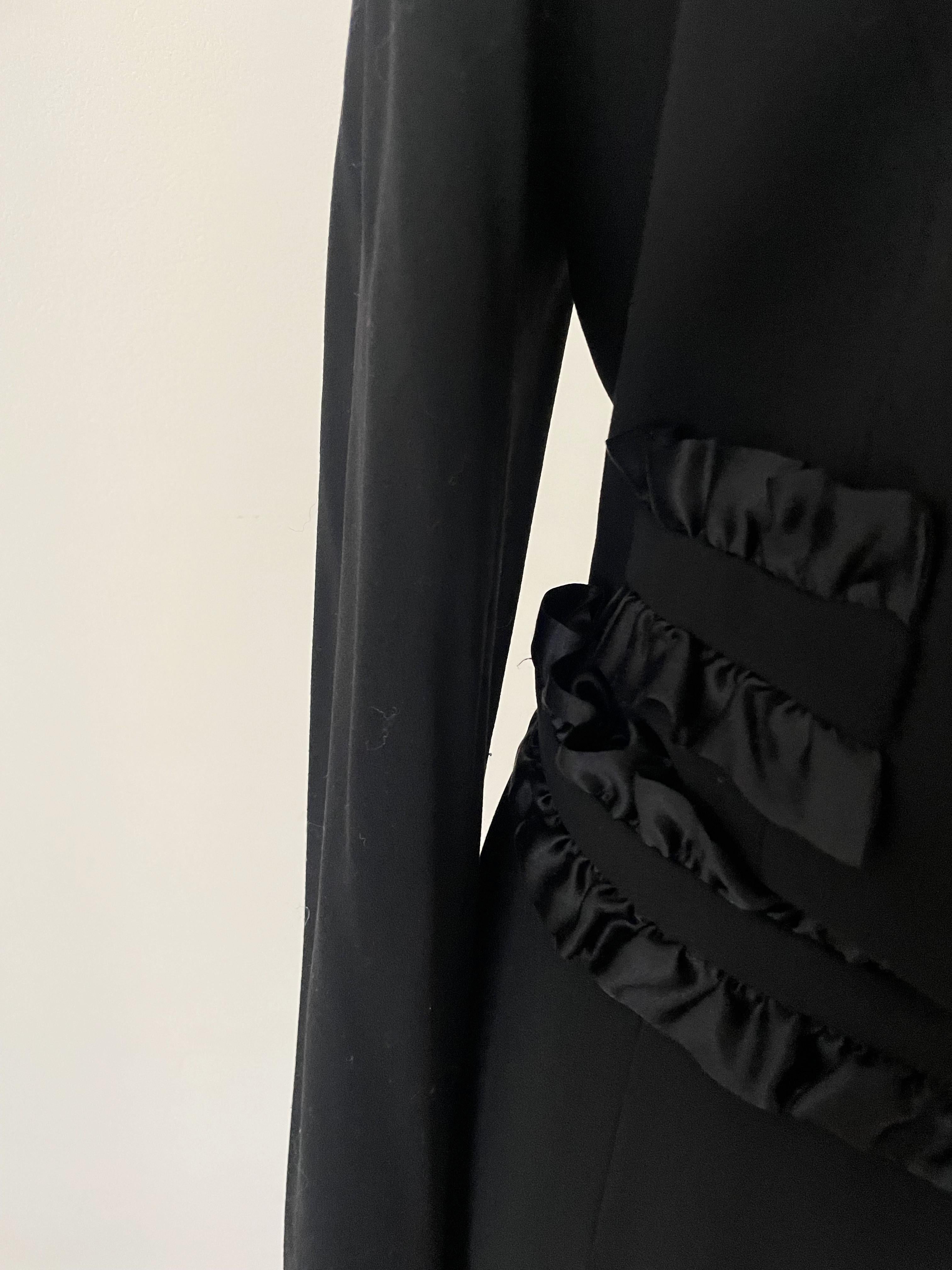 Escada Black Suit Blazer Trousers Wool Silk Ruffles Pink Lining For Sale 3