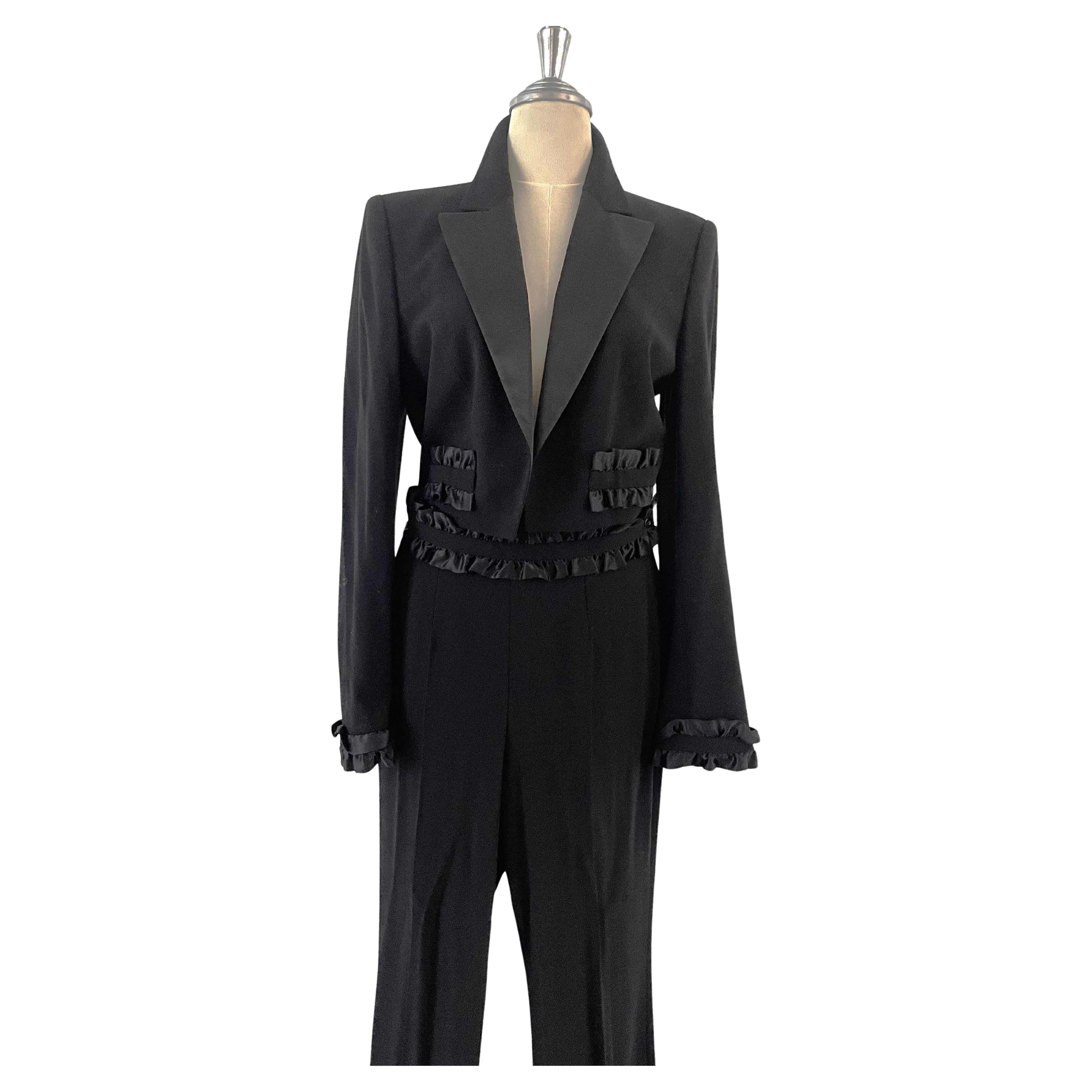 Escada Black Suit Blazer Trousers Wool Silk Ruffles Pink Lining For Sale