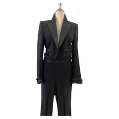 Escada Black Suit Blazer Trousers Wool Silk Ruffles Pink Lining