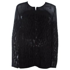 Escada Black Velvet Dobby Sheer Crepe Button Front Blouse M