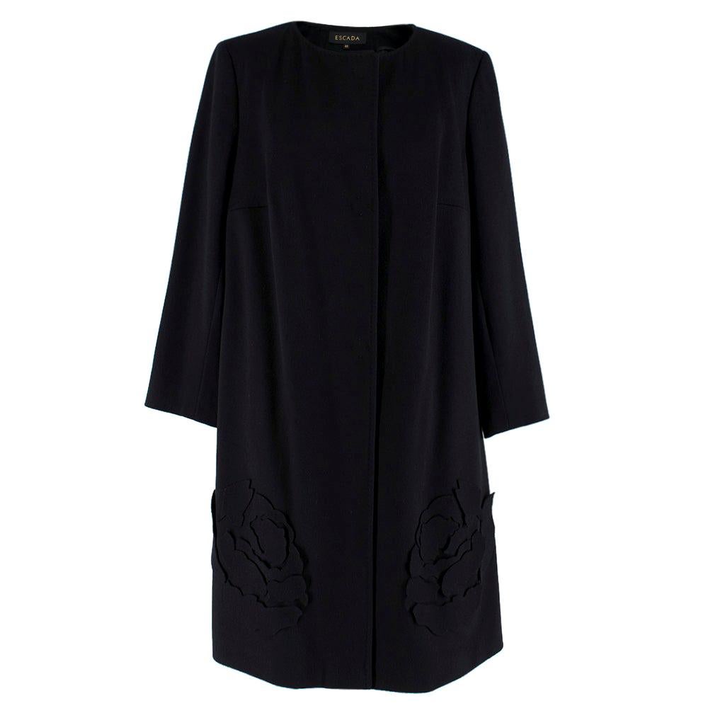 Escada Black Wool Blend Long Coat with Floral Embroidery - Size US 10 For Sale