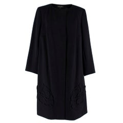 Escada Black Wool Blend Long Coat with Floral Embroidery - Size US 10