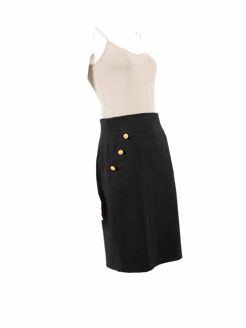 CONDITION is Very good. Hardly any visible wear to skirt is evident on this used Escada designer resale item.
 
 
 
 Details
 
 
 Black
 
 Wool
 
 Pencil skirt
 
 Knee length
 
 Gold button detail
 
 2x Front side pockets
 
 Back zip closure with