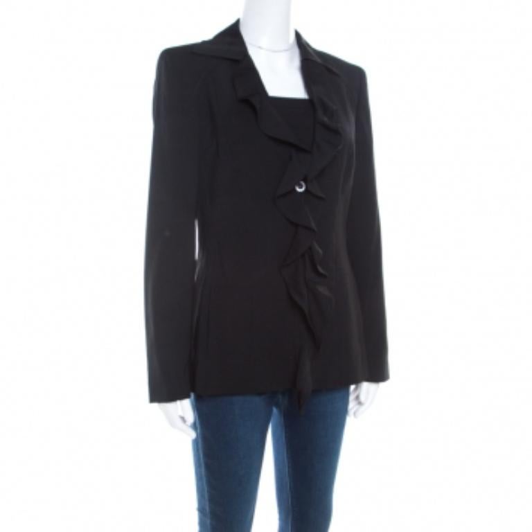 Escada Schwarze geraffte Jacke aus Wollkrepp mit Knopfleiste vorne, M im Angebot 2
