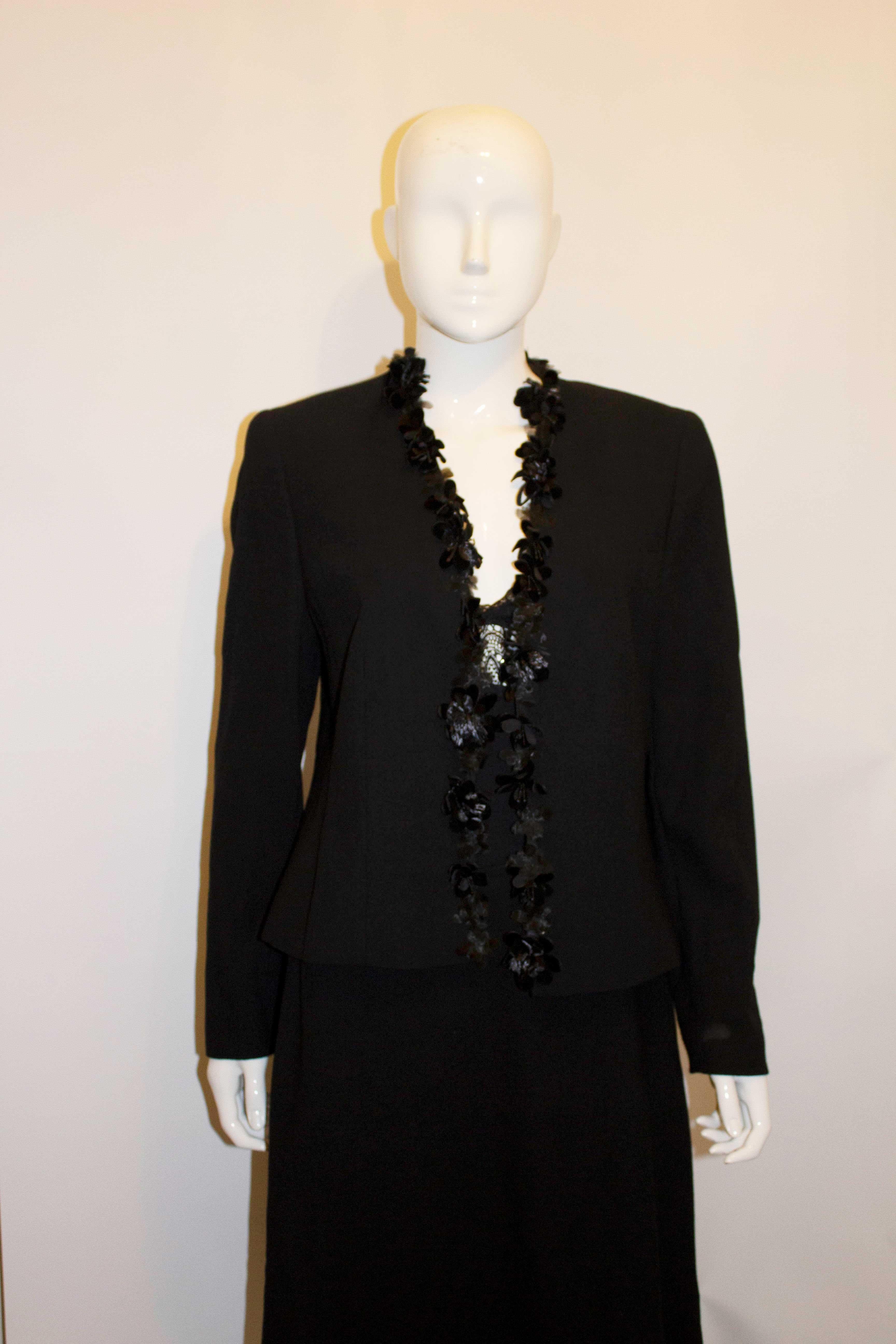 Escada Black Wool Skirt Suit with Flower Detail In Good Condition For Sale In London, GB
