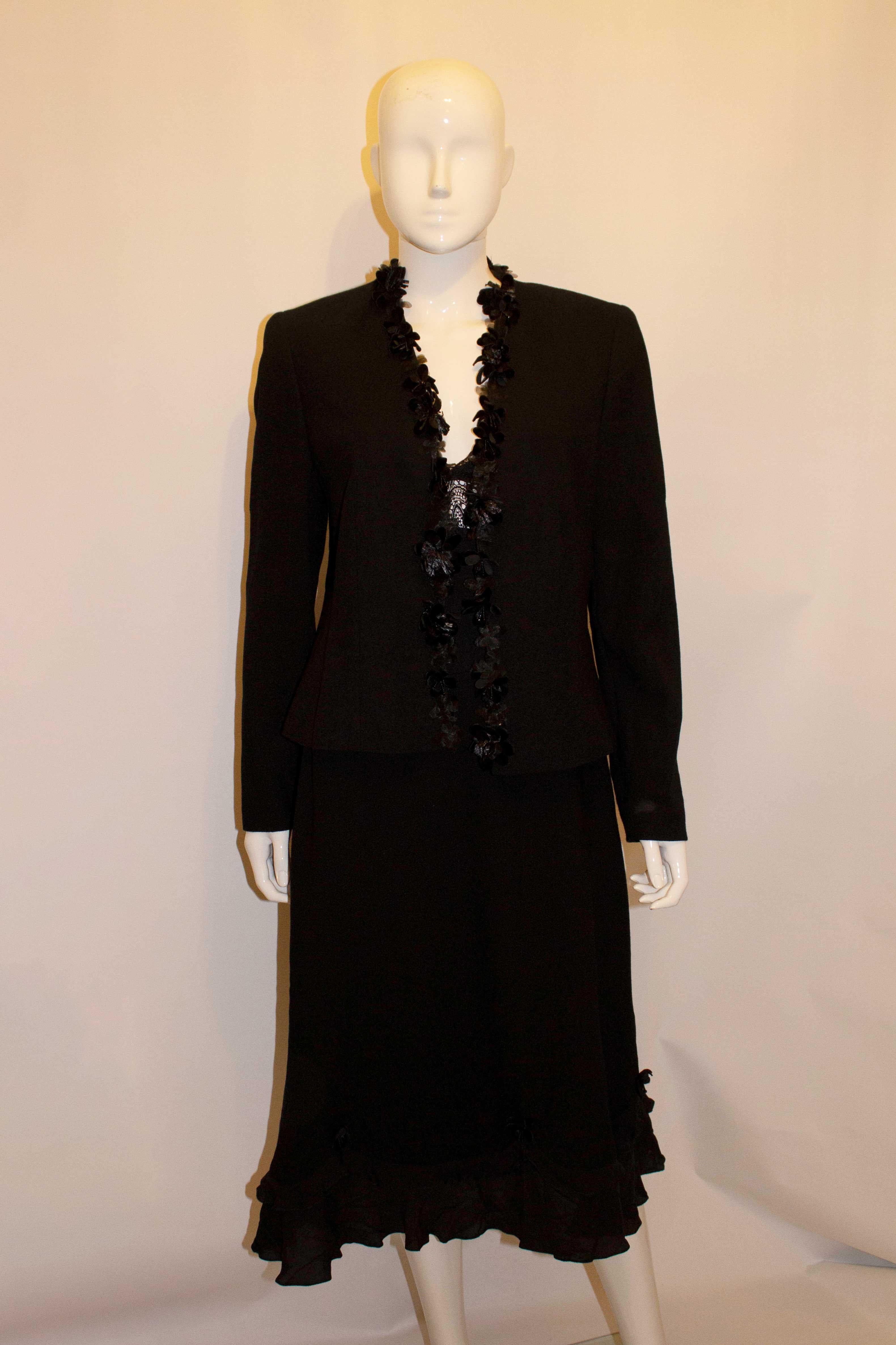 Escada Black Wool Skirt Suit with Flower Detail For Sale 2